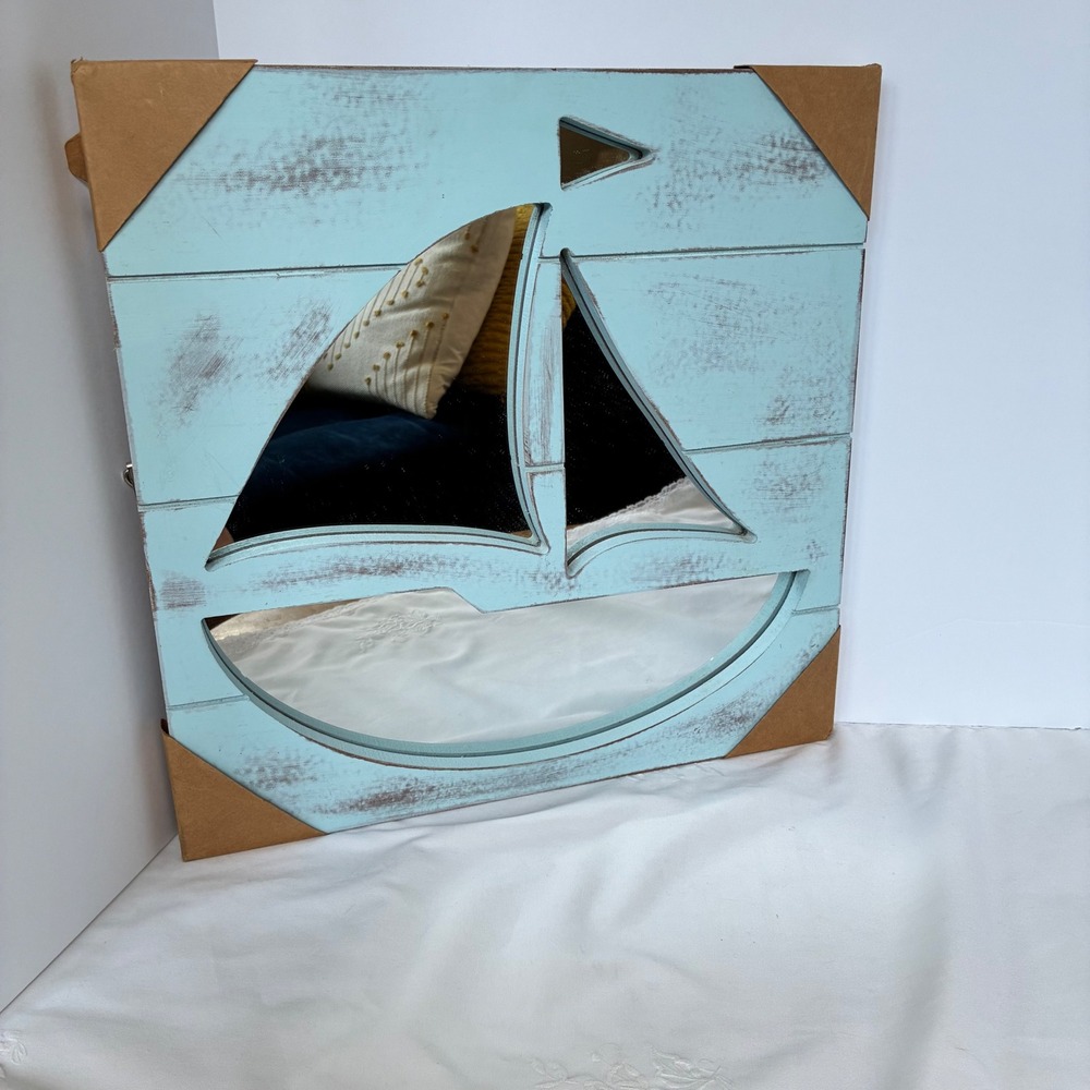Sailboat Wall Mirror Wood Nautical Nursery Coastal Beach House Shabby Chic